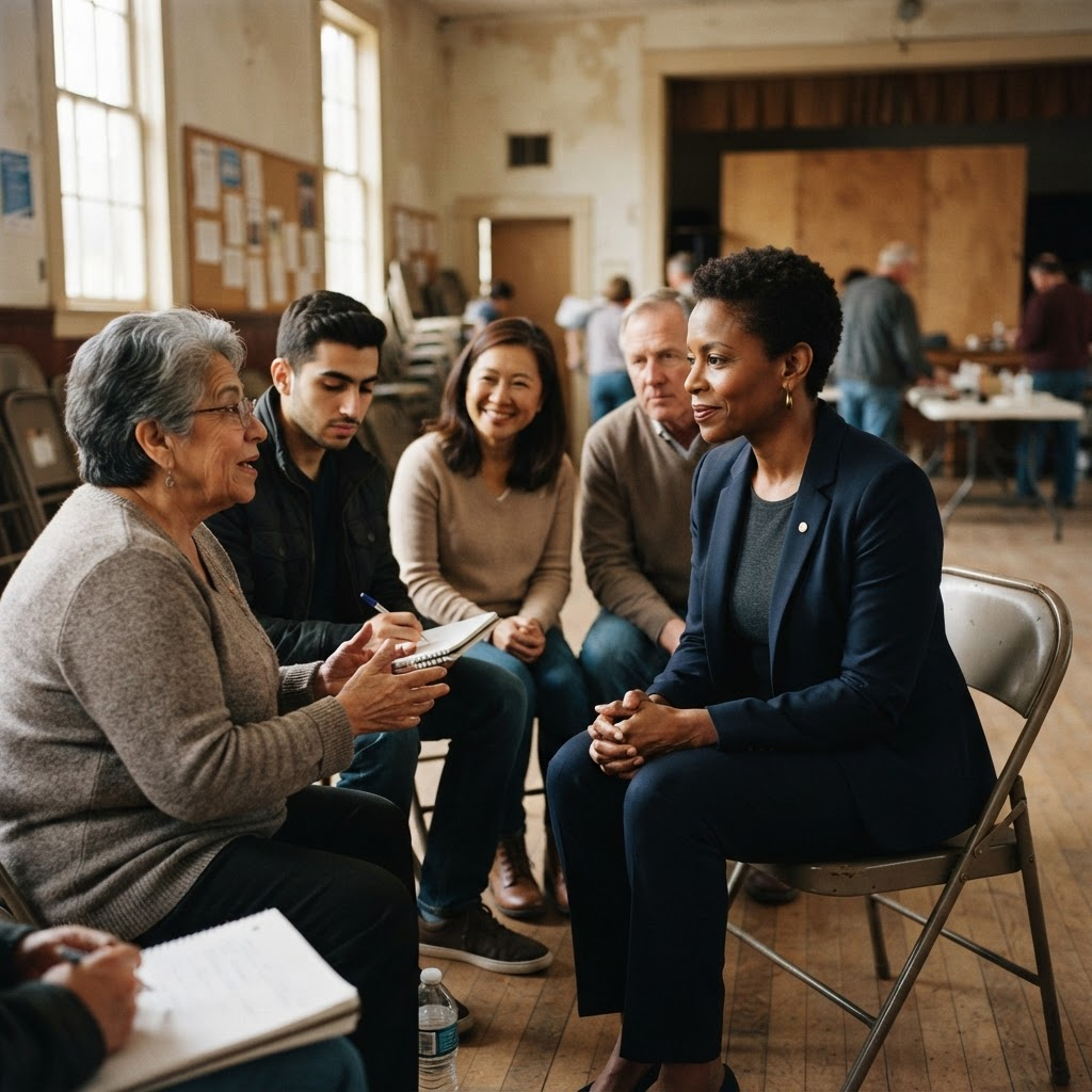A community leader listens to constituents seated in a civic hall.