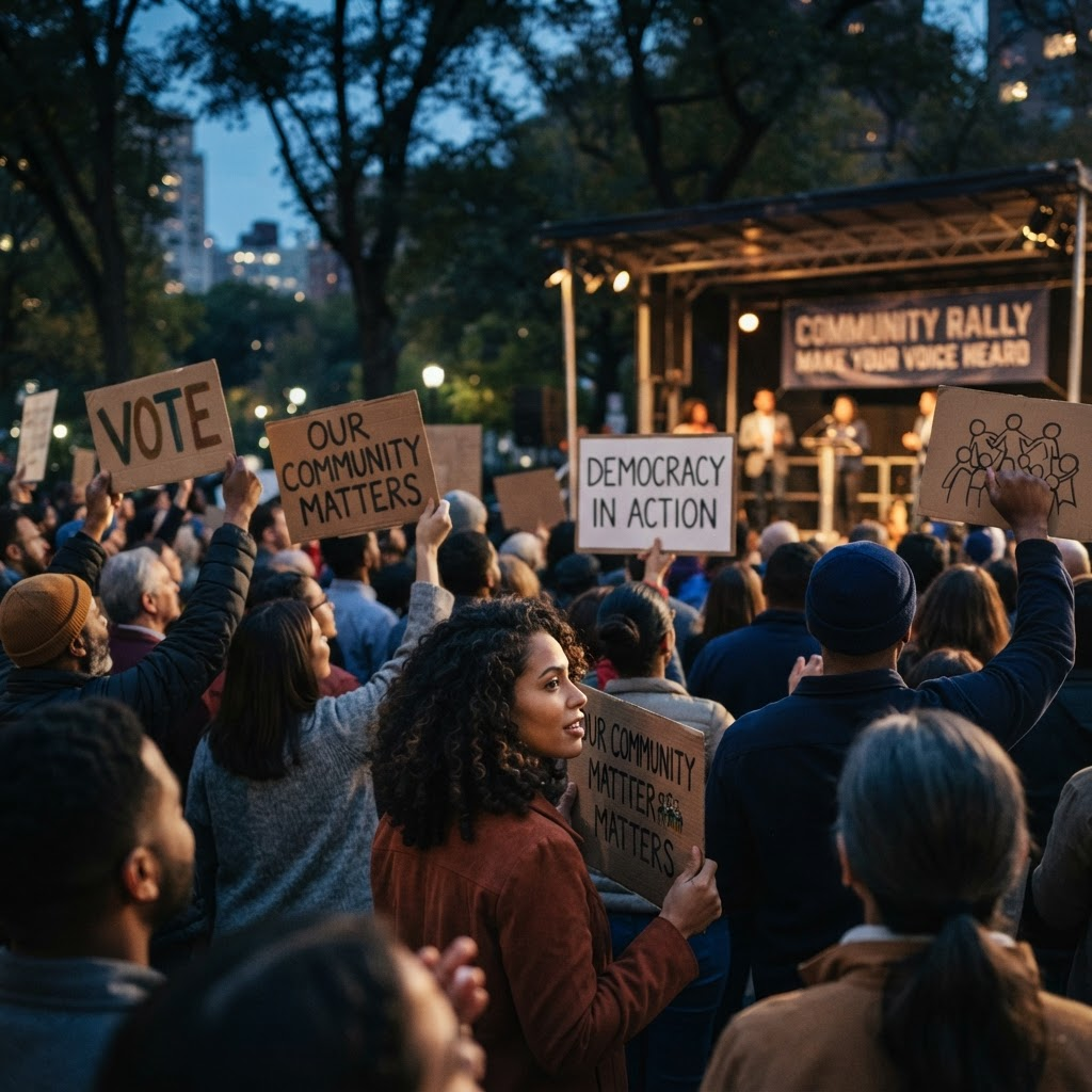 A diverse crowd gathers at a nonpartisan community rally with civic signs raised.